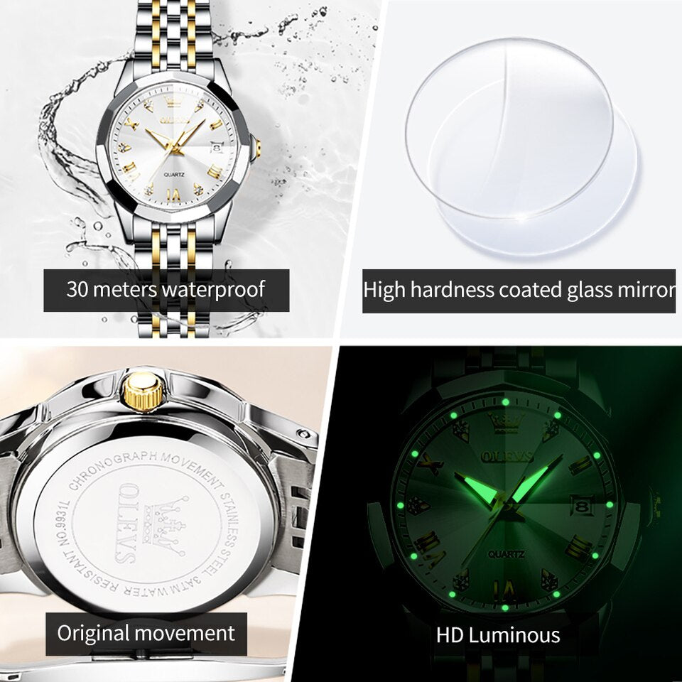 New Women Watches Elegant Rhombus Mirror Original Quartz Ladies Wristwatch Stainless Steel Waterproof Luminous New