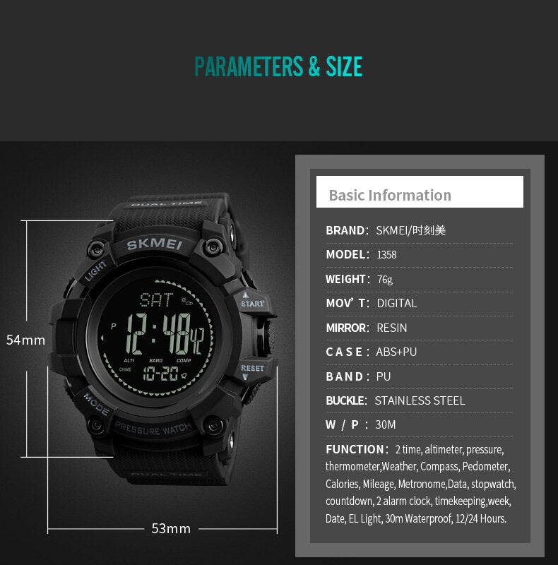 Weather Forecast Barometer Thermometer Electronic Watch Adventure Feld Outdoor Compass Sport Waterproof Men Watch 1358