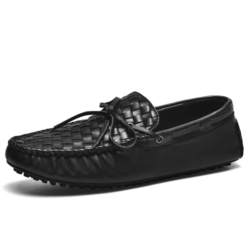 Genuine Leather Casual Shoes Men Summer Luxury Flats Mens Loafers High Quality Slip On Black Weave Office Handmade Driving Shoes