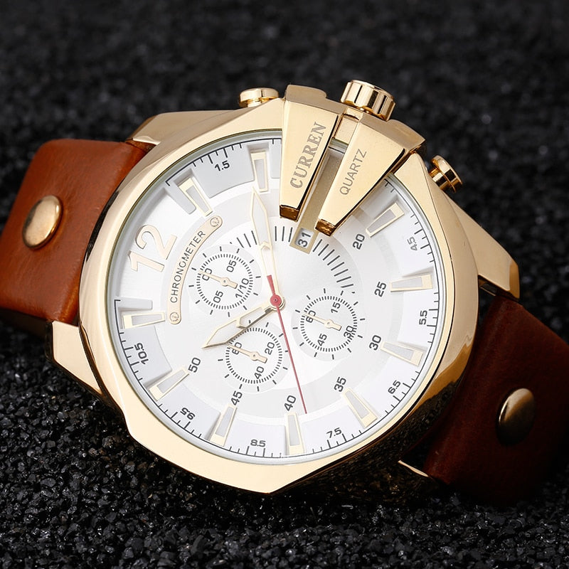 Men Watches Top Brand Luxury Gold Male Watch Fashion Leather Strap Outdoor Casual Sport Wristwatch With Big Dial orange white gold