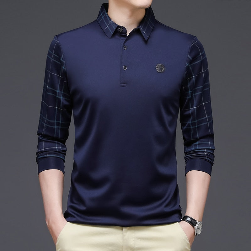 New Men Polo Shirt Autumn Casual Business Tops Solid Polo Shirts Mens Long Sleeve Polo Homme Fashion Korean Slim Lapel Tee Blue P4136, S