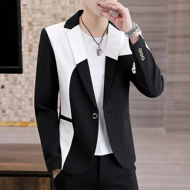 New Splicing Men Blazers Slim Fit Business Casual Suit Jacket black, Asian size M