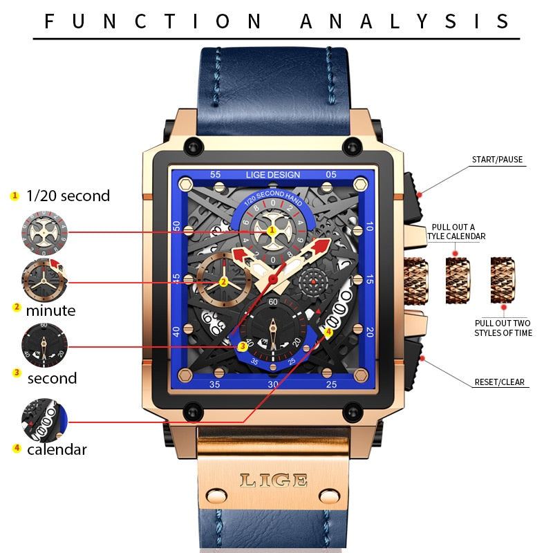 New Men Watches Top Brand Luxury Hollow Square Sport Watch For Men Fashion Leather Strap Waterproof Quartz WristWatch