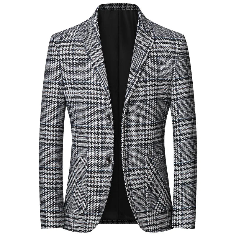 New Men Plaid Business Casual Blazers Spring Autumn High Quality Slim Jackets Blue, L 175 CN Size