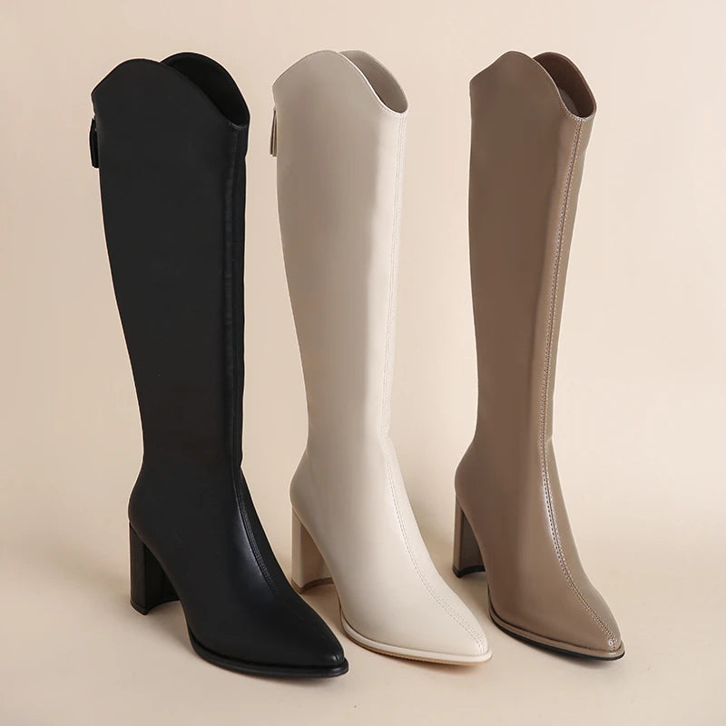 New Women Boots Zipper Thick High Heels Simple Thick High Heels Autumn Winter Boots Knee High Botas