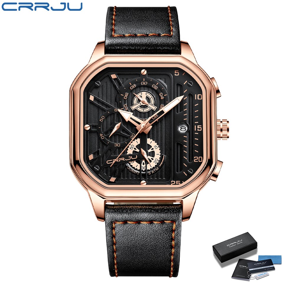 Square Dial Leather Mens Watches Luxury Sport Waterproof Watch Man Chronograph Quartz WristWatches Homme+Box