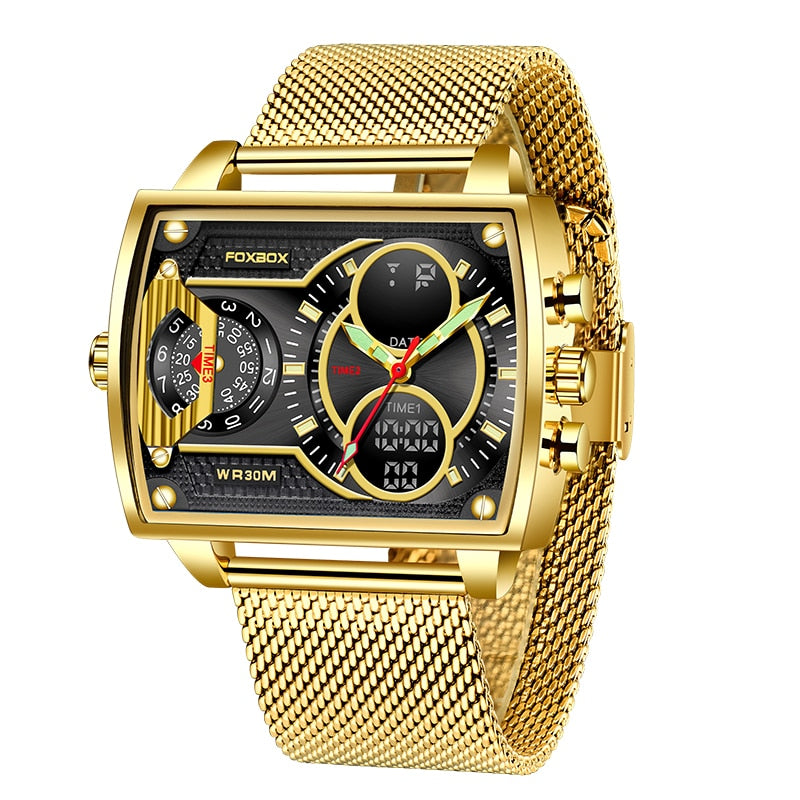 New Men Watch FOXBOX Fashion Square Watch Men Casual Sports Waterproof Double Display Watch Relogio Masculino gold