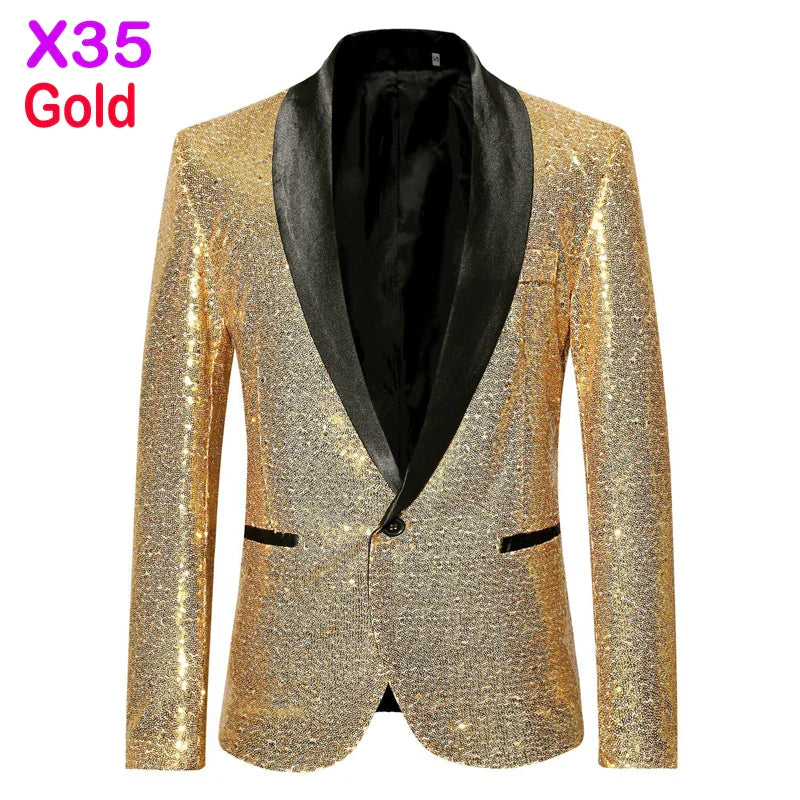 New Shiny Sequin Glitter Embellished Tuxedo Suit Jacket Men One Button Shawl Collar Blazer X35 Gold, XL