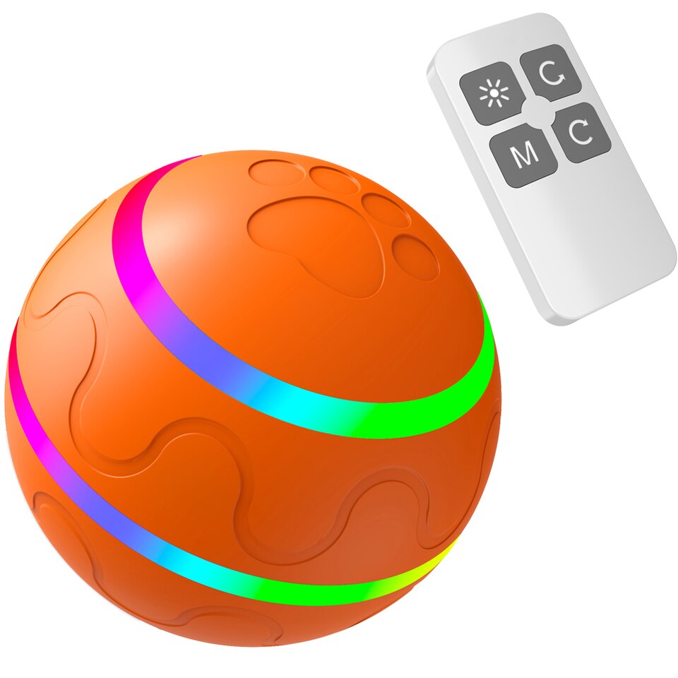 Smart Interactive Pet Toy for Dog Cat Ball Self Rotating Ball with LED Lights Puppy Automatic Moving Rolling Ball for Playing Orange with Remote