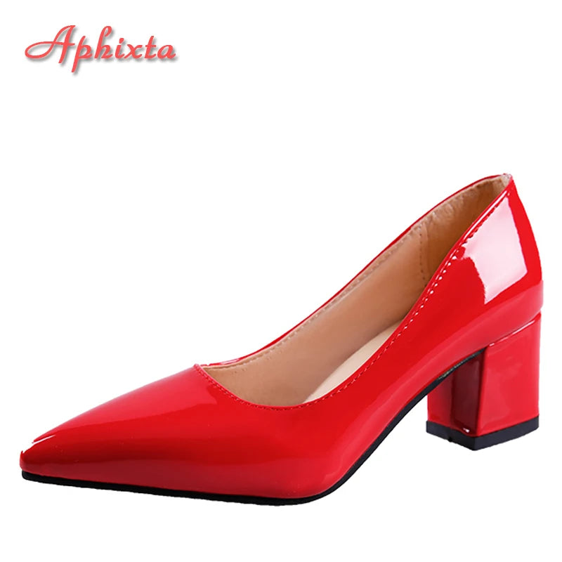 Square Heels Patent Leather Red Pumps Shoes Woman Classics Pointed Toe Dress Official Pumps Party Plus Size