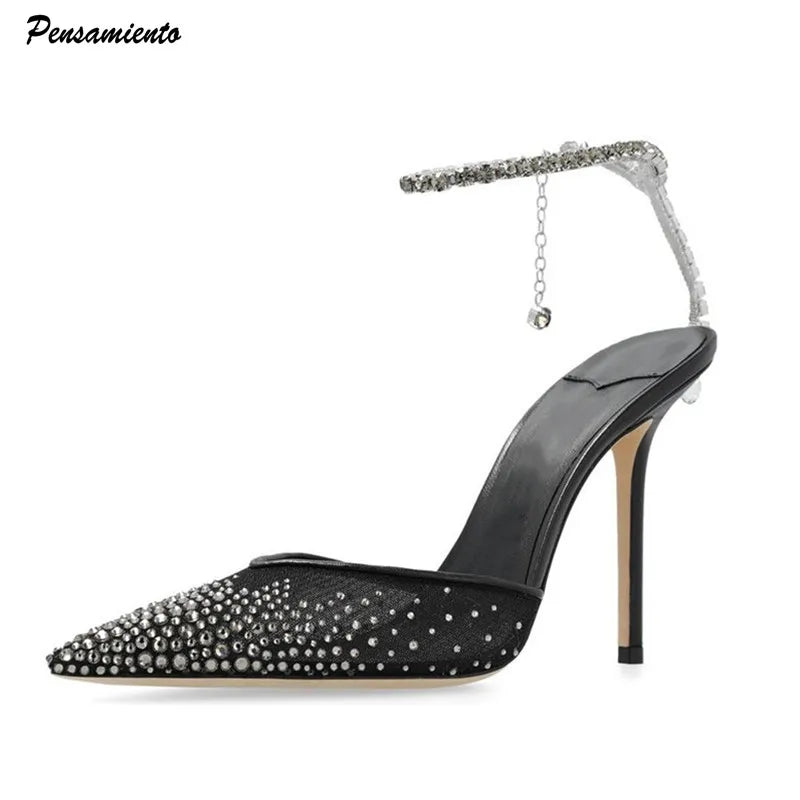 Ankle Strap Women Pumps Elegant Pointed toe Mesh Slingback Stiletto High heels Office Dress Shoes