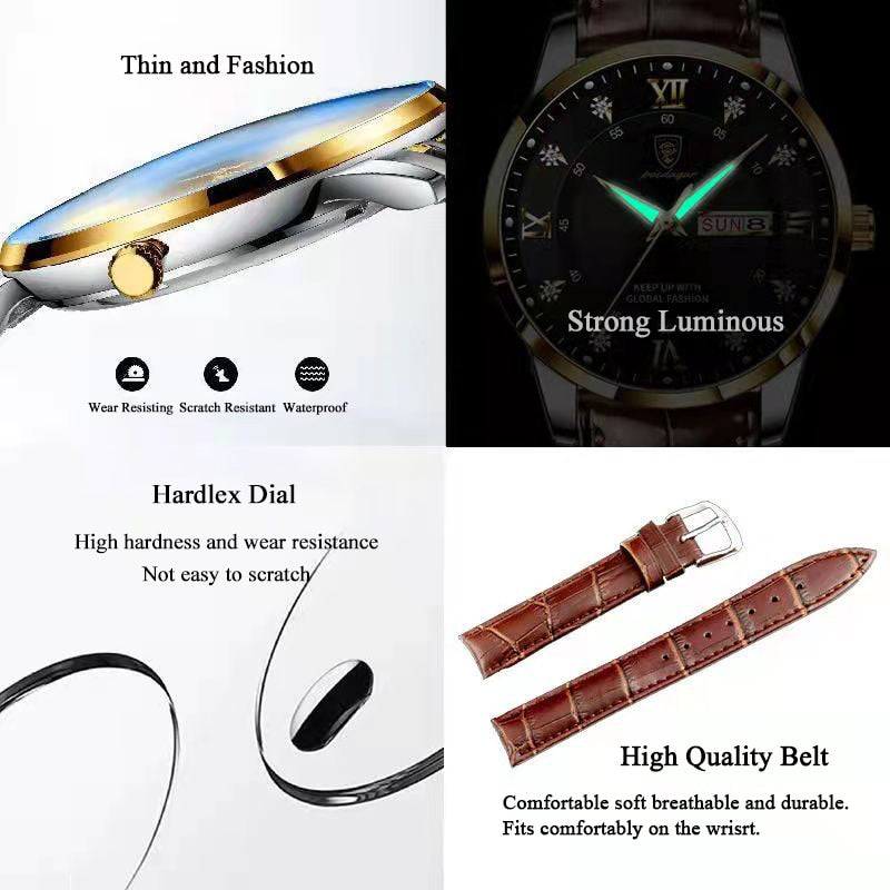 Men Watch Fashion High Quality Leather Watches Waterproof Luminous Week Date Top Brand Luxury Quartz Man Wristwatch