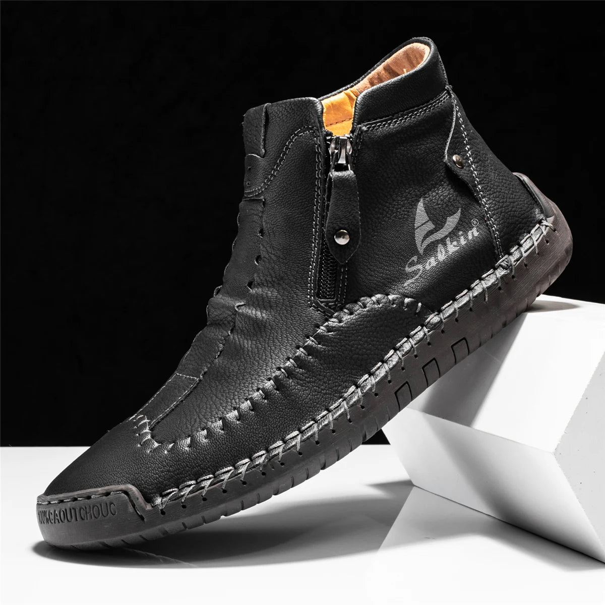 Men Leather Casual Loafers Solid Color Sewing Style Vintage Hand Stitching Oxfords Shoes Ankle Boots Daily Work Office Shoes