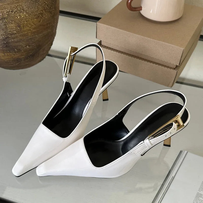 Street Style Pointed Toe Metal Buckle Strap Women Pumps Stripper Sandals  Slingback High Heels Female Shoes