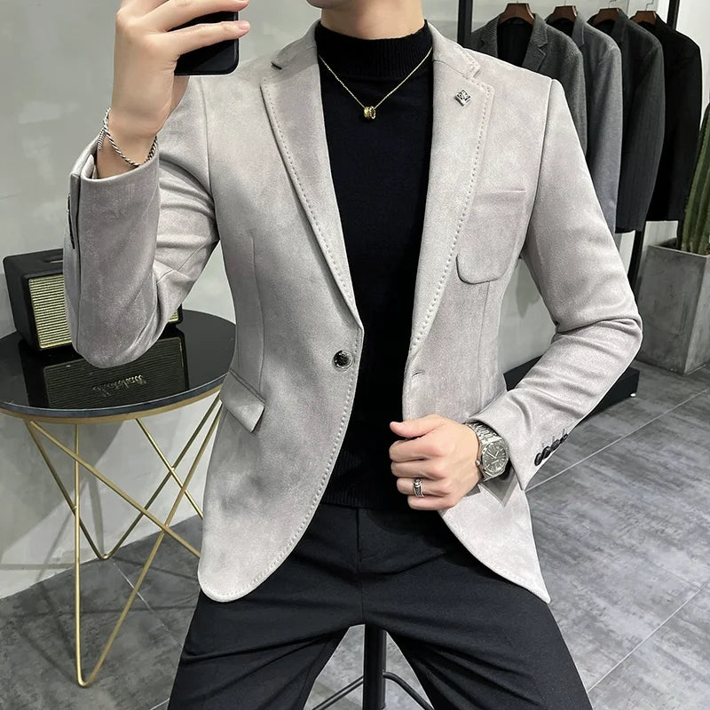 Men Deerskin Fleece Jacket Suit Coat Blazer Business Leisure Slim Fit Single Button Suit Coat GRAY, Asia M 50-56KG