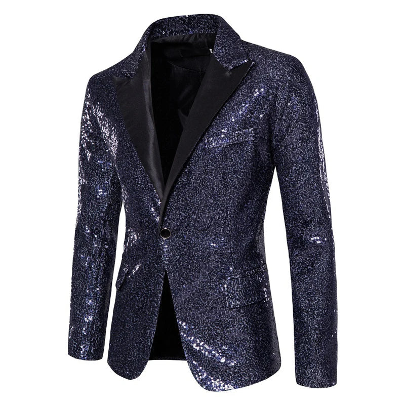 New Shiny Sequin Glitter Blazer for Men One Button Peak Collar Tuxedo Wedding Groom Party Prom Stage Costume Homme X36 Navy, US Size XXL