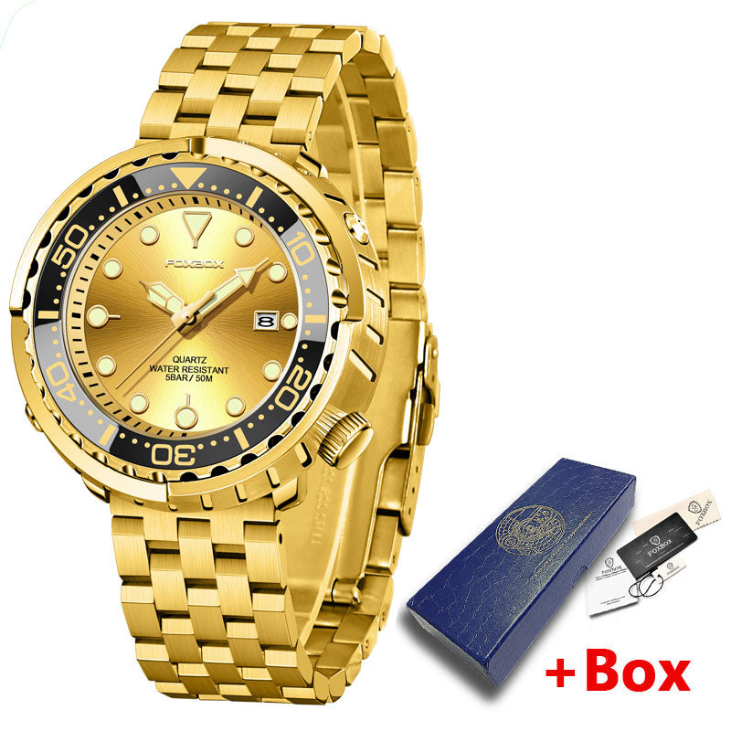 New Men Watches 5ATM Sports Waterproof Quartz Wristwatch Luminous Clock with Steel Bezel Watch for Men Relogio Masculino+Box Gold-05L