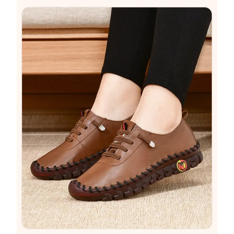 Sneakers Women Leather Loafers Comfortable Slip on Hand Sewing Thread Mom Spring Autumn Flats Shoe Adult Rubber PU Basic Casual