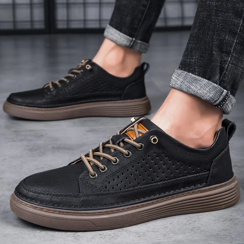 Italian Casual Shoes Men's Lace Up Oxford Shoes Genuine Leather Thick Bottom Outdoor Walking Shoes Black Office Men Dress Shoes