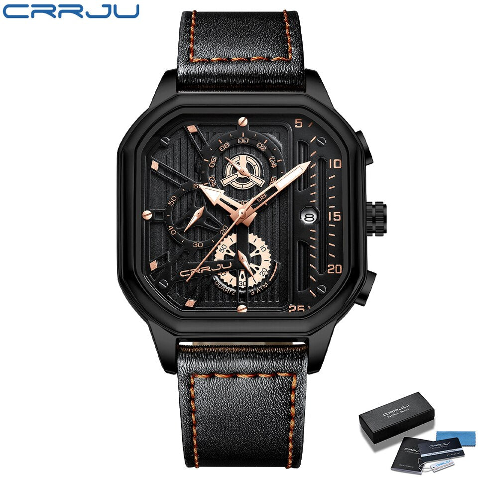 Square Dial Leather Mens Watches Luxury Sport Waterproof Watch Man Chronograph Quartz WristWatches Homme+Box BG-BOX