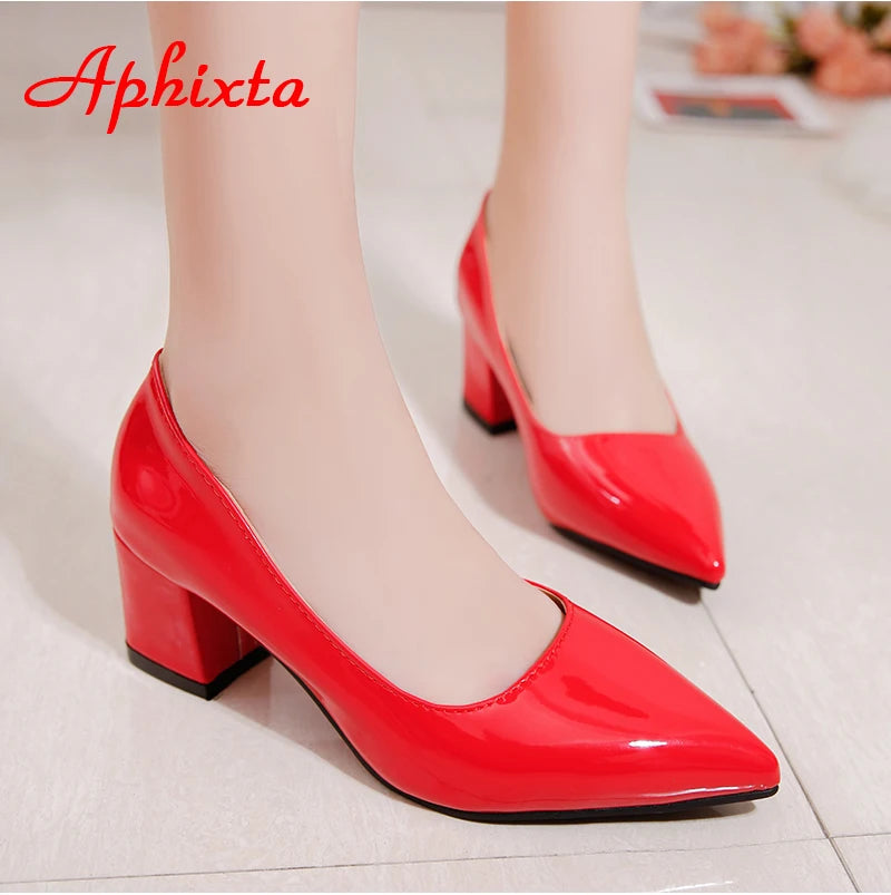 Square Heels Patent Leather Red Pumps Shoes Woman Classics Pointed Toe Dress Official Pumps Party Plus Size