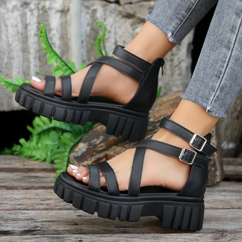 High Heels Roman Sandals for Women 2024 Summer Ankle Strap Sandals Woman Strap Thick Heeled Party Shoes