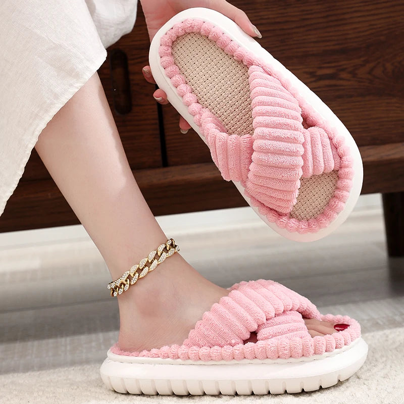 Autumn Winter New Women Home Slippers Open-Toe Cross Band Linen Soled Indoor Slides Linen Soled Non-Slip Bathroom Slippers