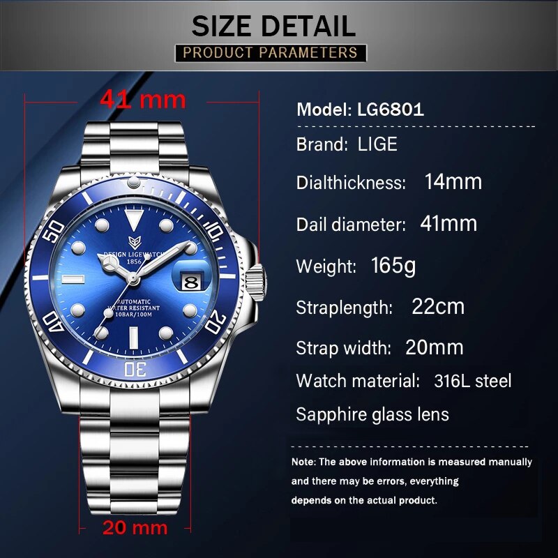 LIGE Men Watch 316L Steel Automatic Mechanical Tourbillon Clock Fashion 100M Waterproof Luminous Watches Automatic Movement