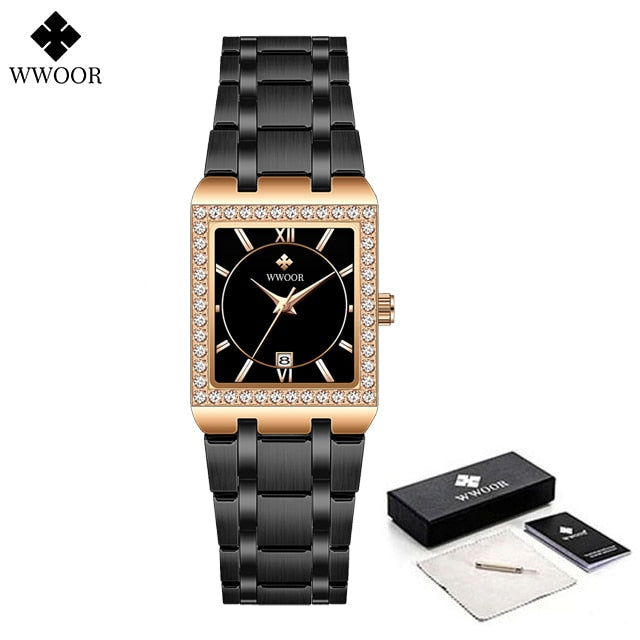 New Fashion Ladies Diamond Watch Top Brand Luxury Square Wrist Watch Simple Women Dress Small Watch Relogio Feminino Black rose 1