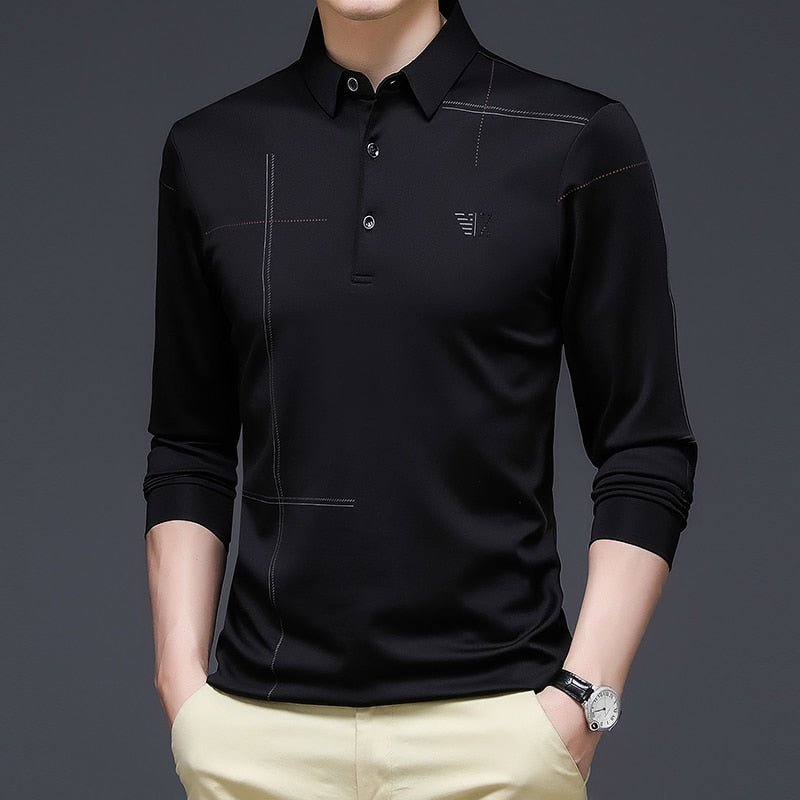 New Men Polo Shirt Autumn Casual Business Tops Solid Polo Shirts Mens Long Sleeve Polo Homme Fashion Korean Slim Lapel Tee Black P4138, S