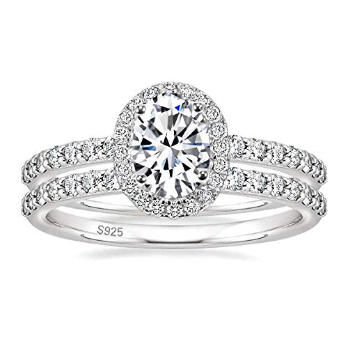 1.5CT Silver 925 Real Cubic Zirconia Bridal Rings Sets Oval Cut CZ Engagement Rings Wedding Band for Women Size 3-13 8, Silver