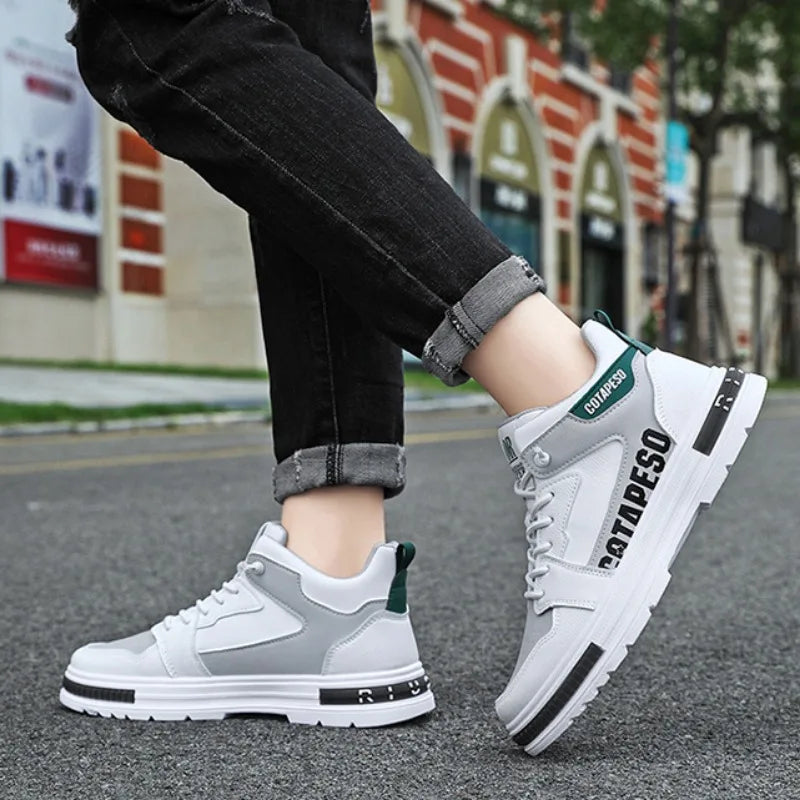 Fashion Men PU Leather Casual Shoes Spring Breathable Comforts Platform Walking Shoes Men High Top Boots Trend Skateboard Shoes