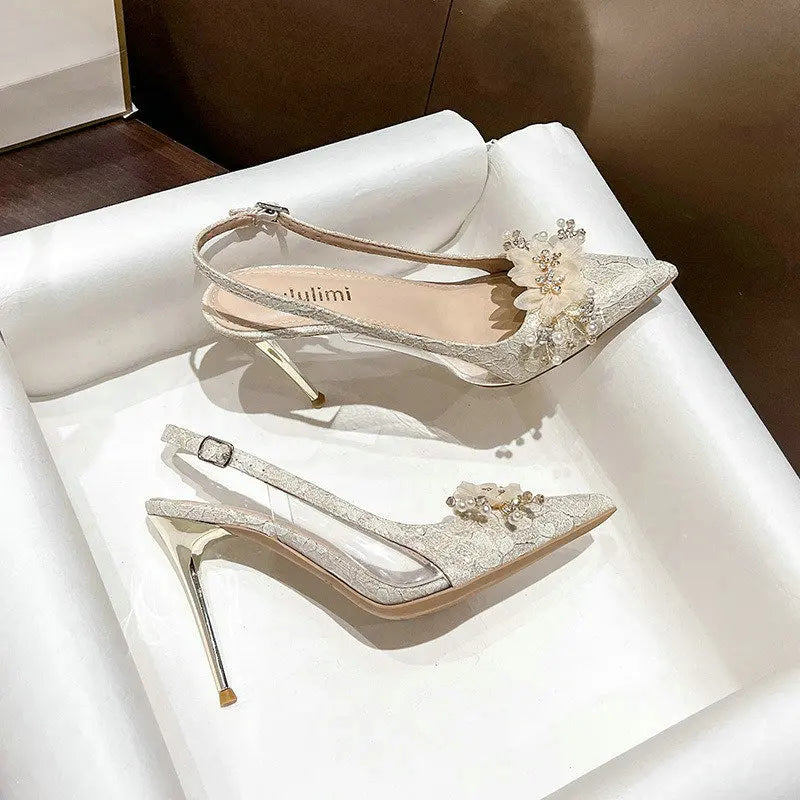 French Bride Gold Wedding Shoes Thin Heel Pointed Shallow Mouth Flower Rhinodrill High Heels Bao Head Fashion Women Sandals