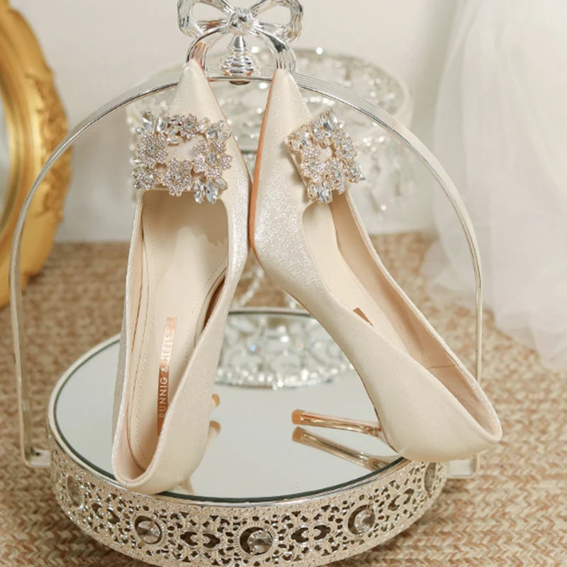 Women Crystal Square Buckle High Heels Pumps Elegant Silk Thin Heeled Wedding Shoes Woman Slip On Pointed Toe Dress Shoes