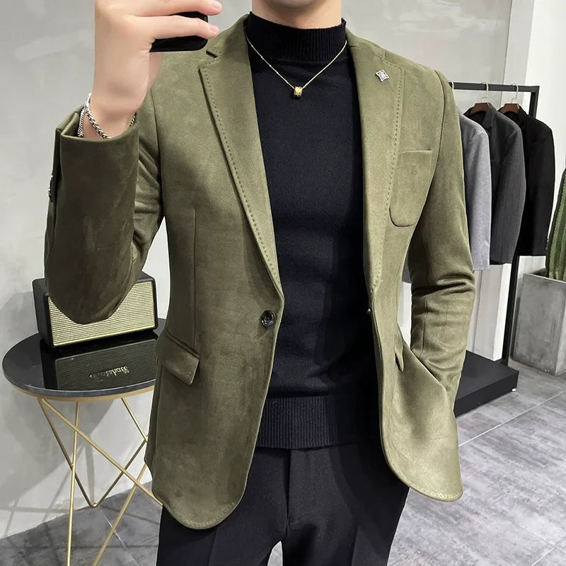 Men Deerskin Fleece Jacket Suit Coat Blazer Business Leisure Slim Fit Single Button Suit Coat army green, Asia L 56-62KG