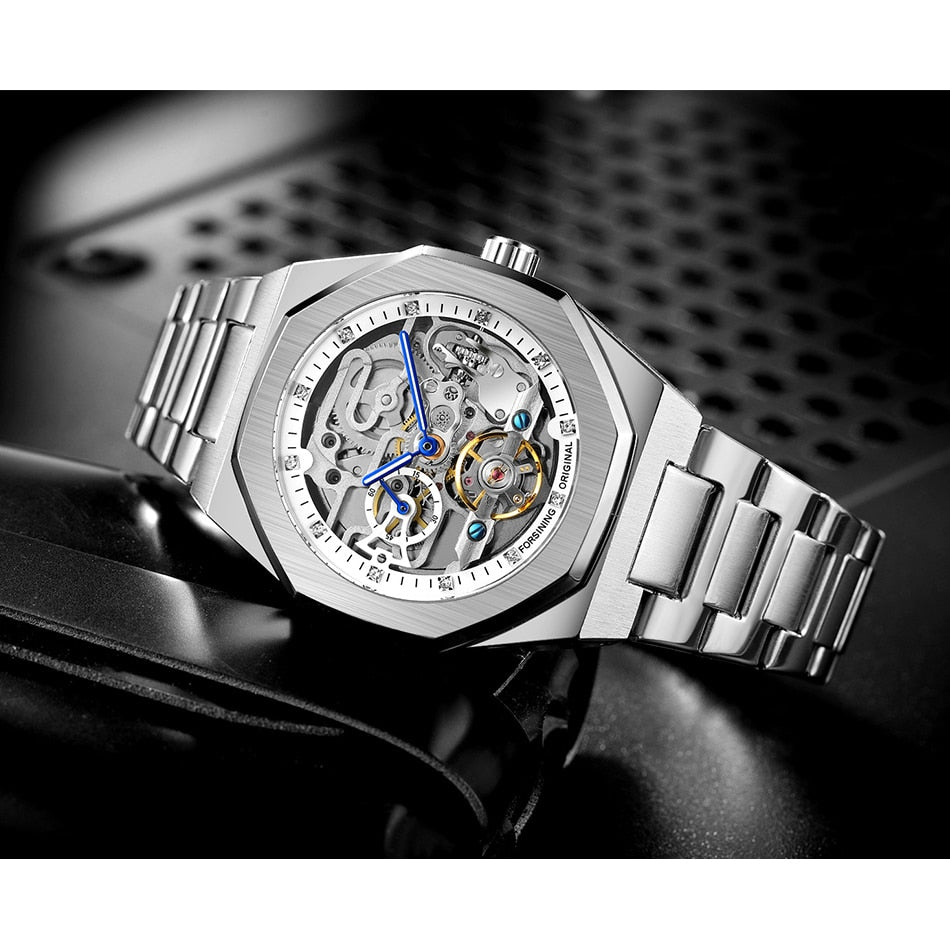 Forsining Fashion Mens Watches Automatic Mechanical Stainless Steel Fashion Business Skeleton Wrist watch Relogio Masculino