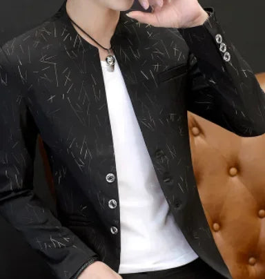 Men Casual Collar Blazers Youth Handsome Trend Slim Print Blazers black, XXXL