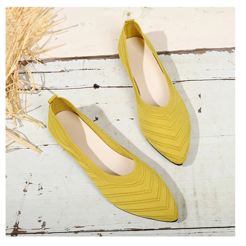 Women Pointed Toe Flat Shoes Solid Color Knitted Slip on Shoes Casual Breathable Ballet Flats Women Flat Shoes Loafers Women