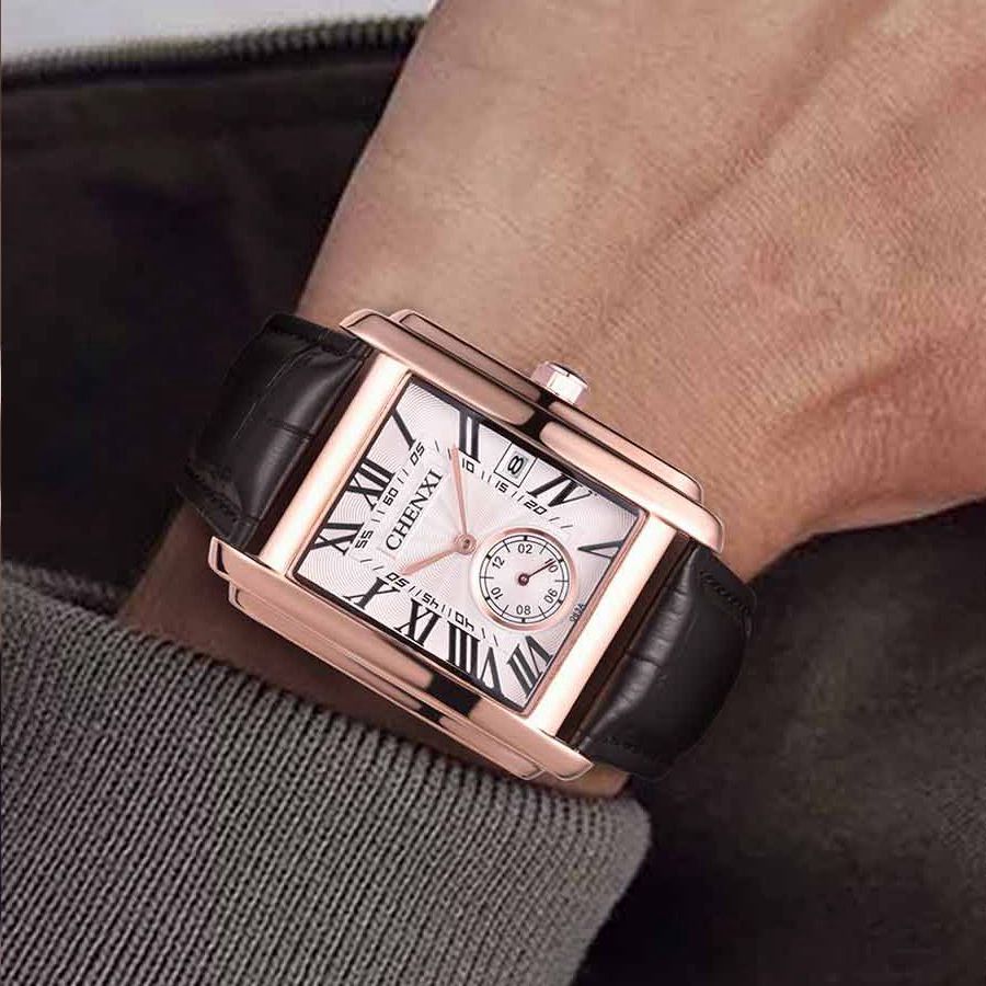 Top Luxury Brand Square Mens Wrist Watches Unique Design Rose Gold Calendar Stop Watch Genuine Leather Quartz Business Male Clock