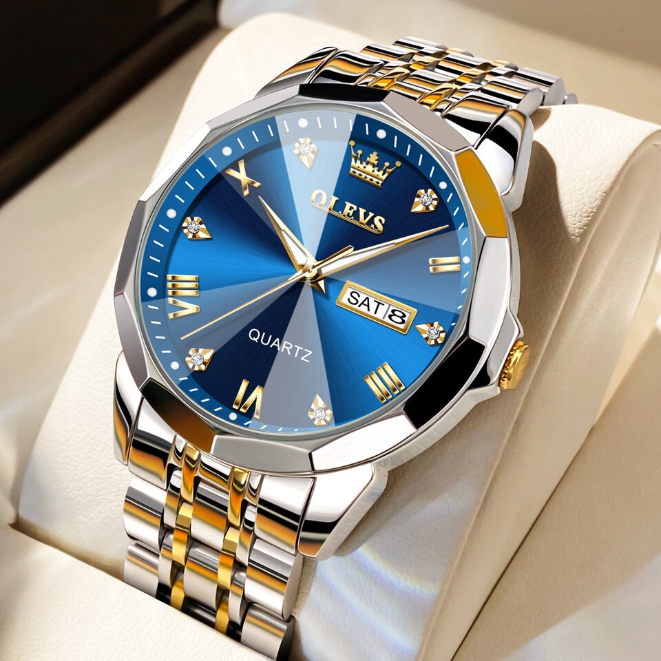 OLEVS 9931 Stainless Steel Strap Waterproof Men Wristwatch Business Dual Calendar Luxury Diamond Dial Quartz Watch for Men