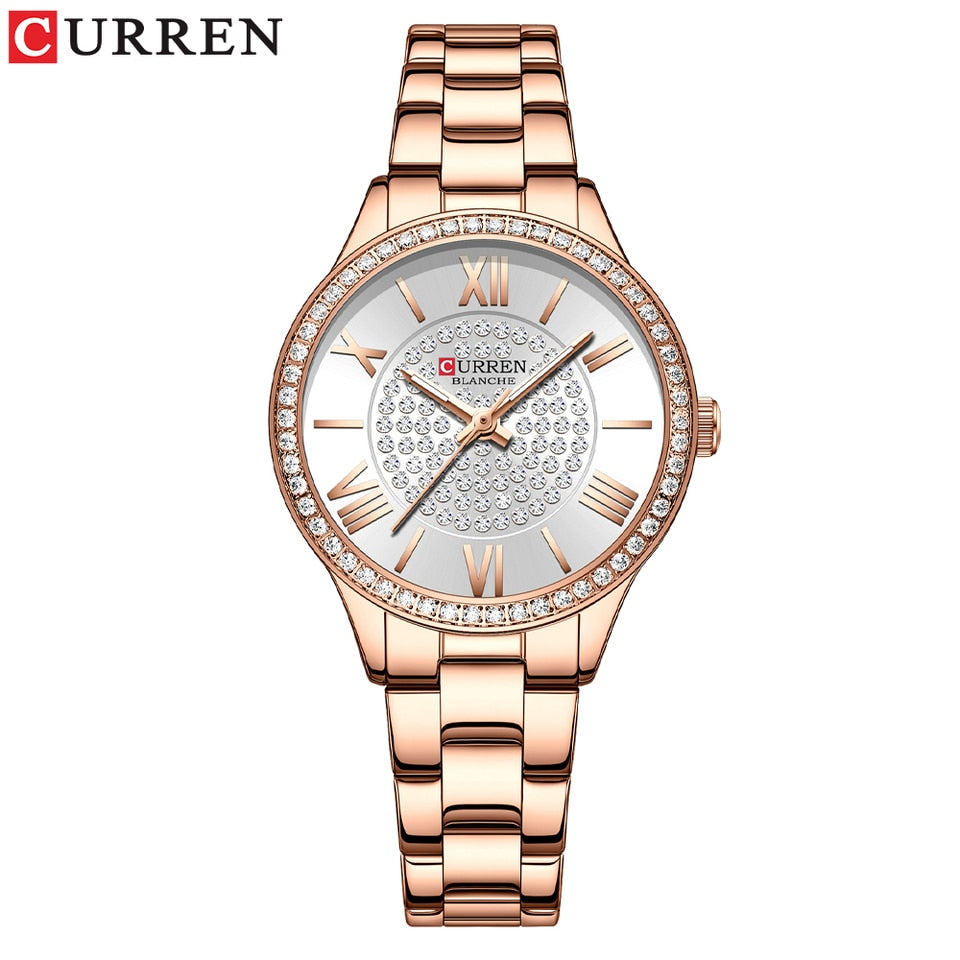 Rhinestones Rose Dial Fashion Watches with Stainless Steel Band New Quartz Wristwatches for Women