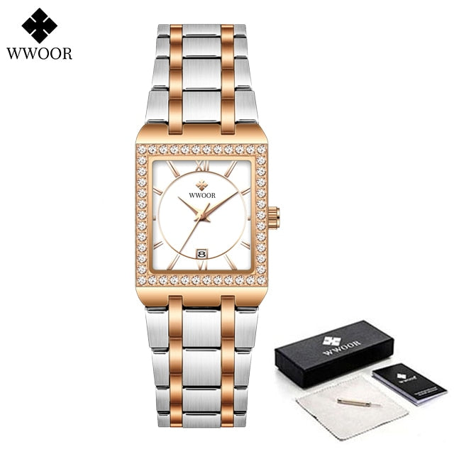 New Fashion Ladies Diamond Watch Top Brand Luxury Square Wrist Watch Simple Women Dress Small Watch Relogio Feminino Silver rose white 1