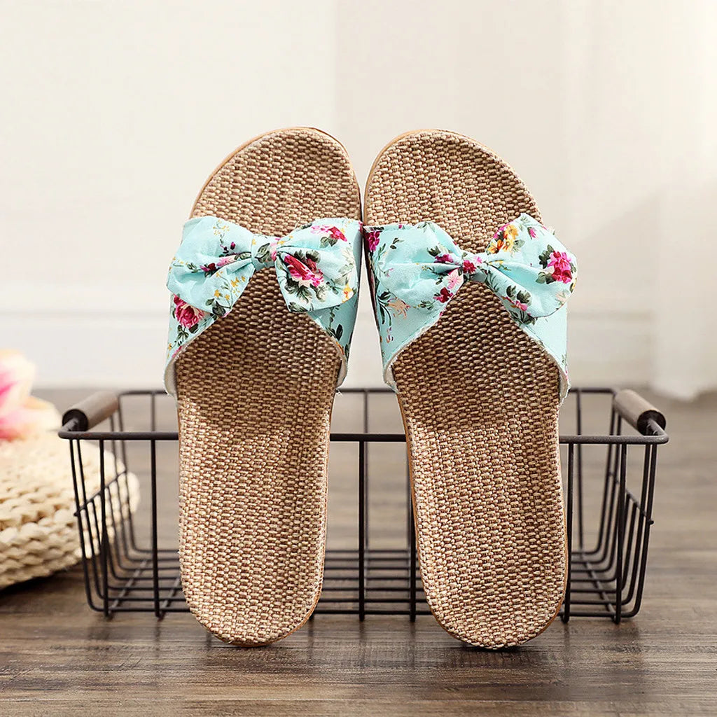 Women Summer Casual Slides Comfortable Flax Slippers Floral Bow Linen Flip Flops Platform Sandals Ladies Indoor Shoes