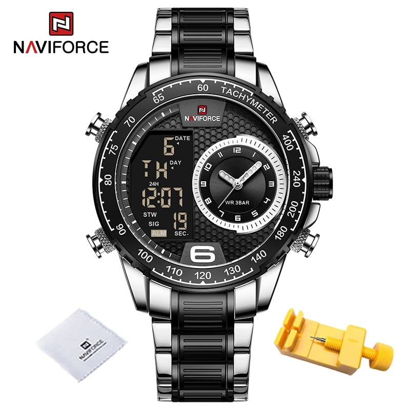 NAVIFORCE Luxury Brand New Watch for Men Stainless Steel Dual Display Quartz Wrist Watches Waterproof Military Sports Male Clock