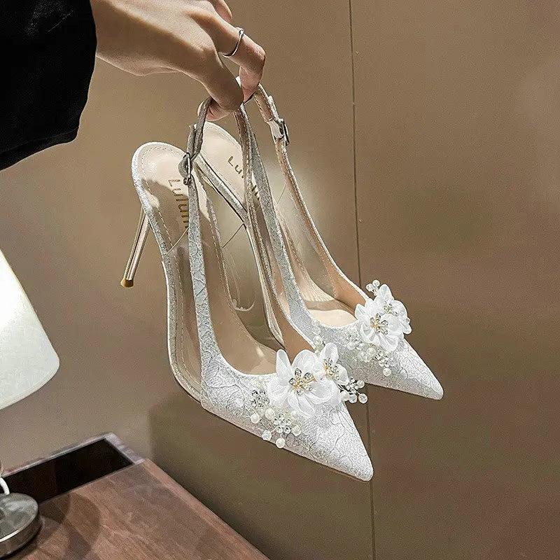 French Bride Gold Wedding Shoes Thin Heel Pointed Shallow Mouth Flower Rhinodrill High Heels Bao Head Fashion Women Sandals