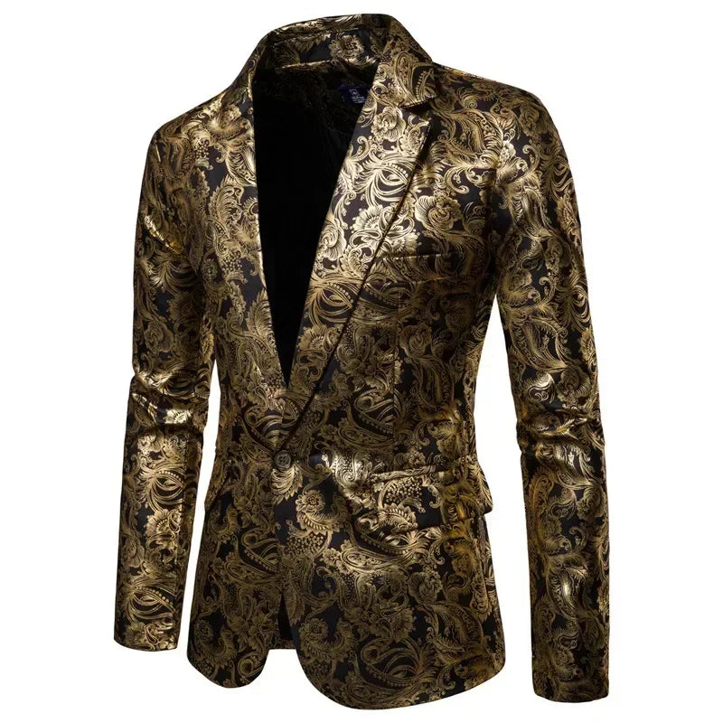 New Men Golden Floral Blazers Business Casual Wedding Dress Gold Coat Gold, S