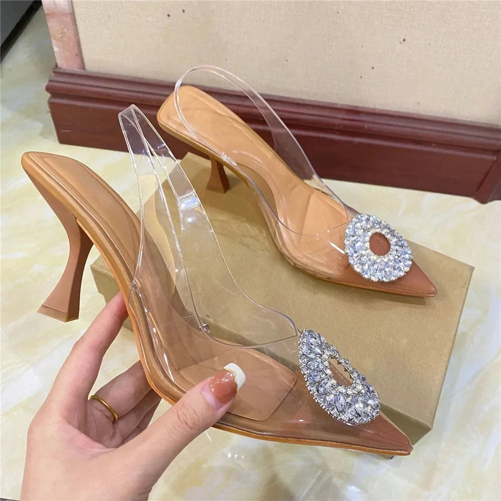 Luxury Brand Women High Heels Rhinestone Fashion Sandals Summer Transparent Shoes Ladies Pumps Slingbacks Plus Size 42