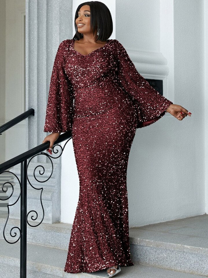 New Plus Size Dresses Women 4XL 3XL Sweetheart Neck parti Maxi Sequin Trumpet Sleeve Mermaid Hem prom Gown plus clothing Burgundy, XL