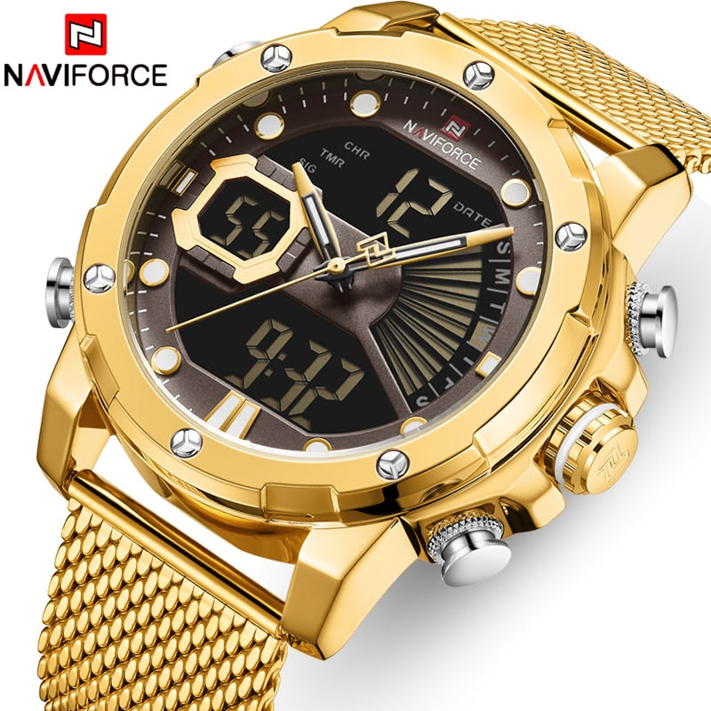 Original Watches For Men Luxury Brand Quartz Dual Display Military Sports Wrist Watch Mesh Steel Band Waterproof Clock