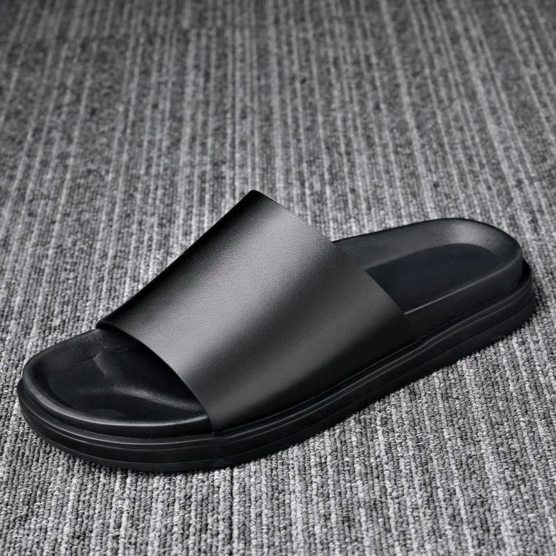 New Genuine Leather Slippers Men Thick Soles Non-slip Flip-flop Sandals for Men Fashion Causal Black Summer Shoes Male